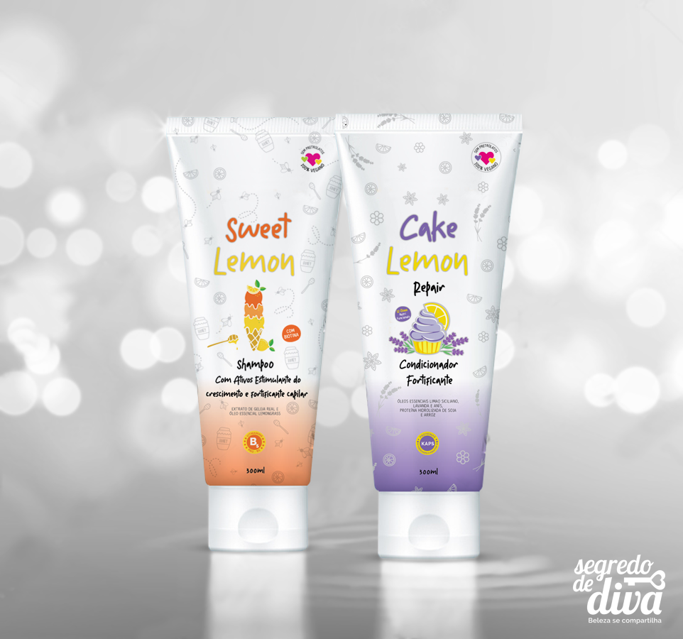 Design de embalagem para linha de produtos da marca de cosméticos e produtos de beleza Segredo de Diva bisnagas shampoo e condicionador Sweet Lemon e Cake Lemon